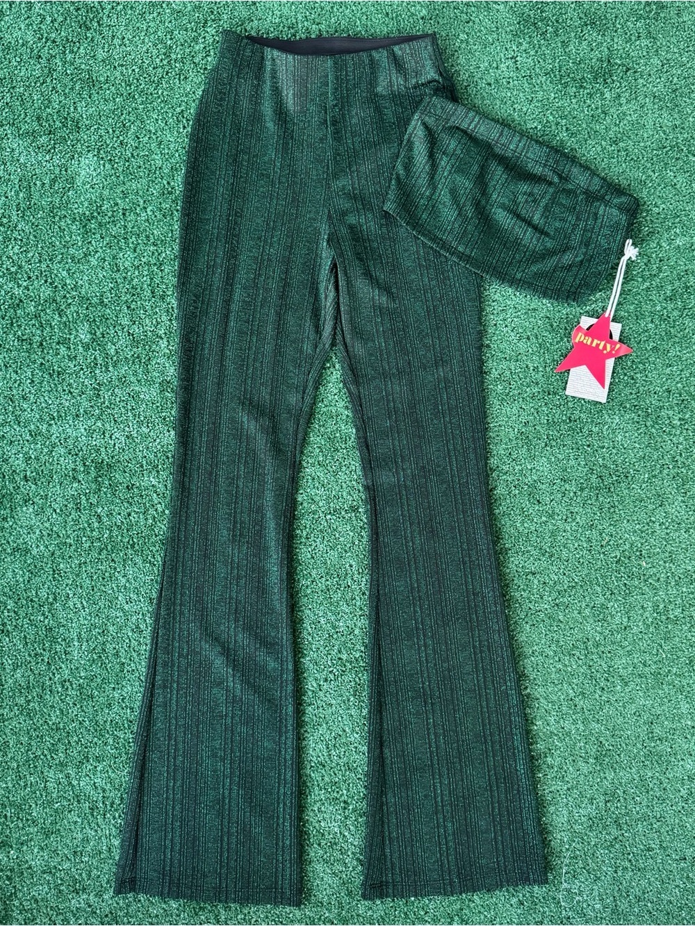 NWT Dark Green Metallic Lurex Ripped Flare Pants & Tube Top Matching Set XS